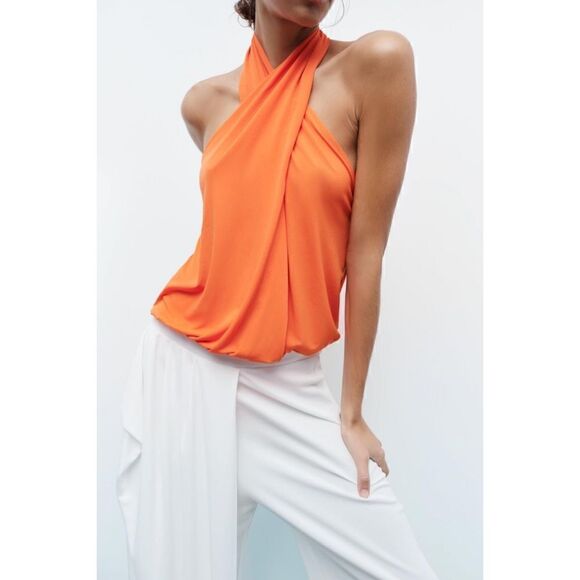 NWOT Zara Bright Orange Draped Crossover Halter Neck Top Bodysuit, Size Small - Picture 3 of 14